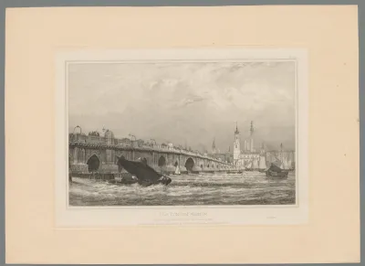Gezicht op de oude London Bridge, met het Monument en de St. Magnus-the-Martyrkerk in de achtergrond