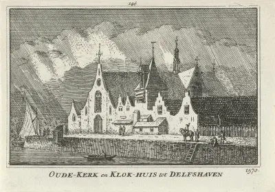 Gezicht op de Oude of Pelgrimvaderskerk en de klokkentoren te Delfshaven, 1570