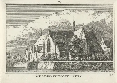 Gezicht op de Oude of Pelgrimvaderskerk te Delfshaven, 1570