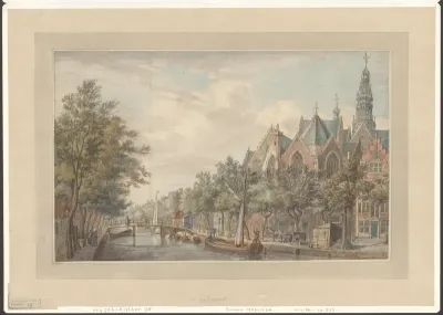 Gezicht op de Oudezijds Voorburgwal met rechts de Oude Kerk