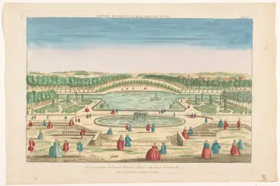 Gezicht op de parterre aan het water en het Grand Canal in de tuin van het Château de Chantilly