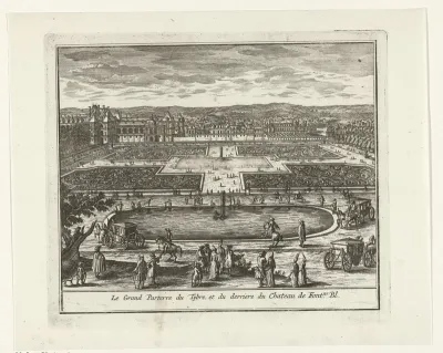 Gezicht op de Parterre en de Bassin de Tibre van het paleis van Fontainebleau