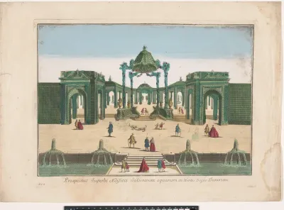 Gezicht op de pergola en de fonteinen van een tuin van de koning van Denemarken