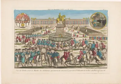 Gezicht op de Place de Louis XV te Parijs met een stoet ter afkondiging van de vrede