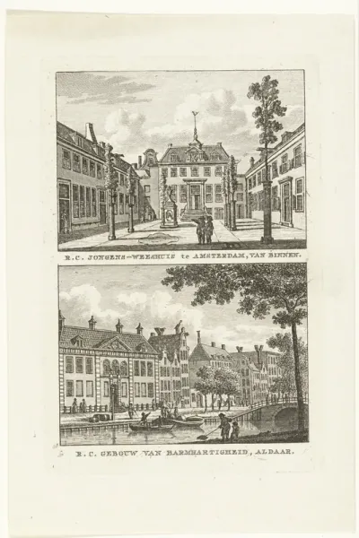 Gezicht op de Platanenhof en het Gebouw van Barmhartigheid te Amsterdam