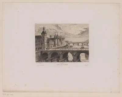 Gezicht op de Pont au Change over de Seine in Parijs, met links de rechtbank en Place de l'Horloge