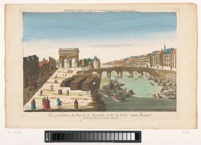 Gezicht op de Pont de la Tournelle over de rivier de Seine en de Porte Saint-Bernard te Parijs