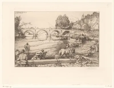 Gezicht op de Pont Marie met figuren in de Seine