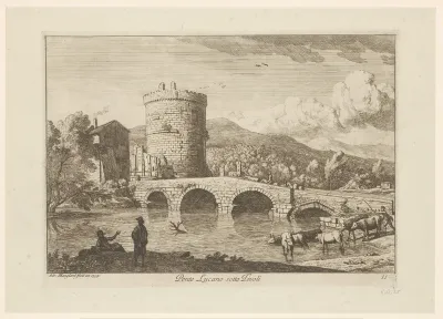 Gezicht op de Ponte Lucano nabij Tivoli met drinkende koeien