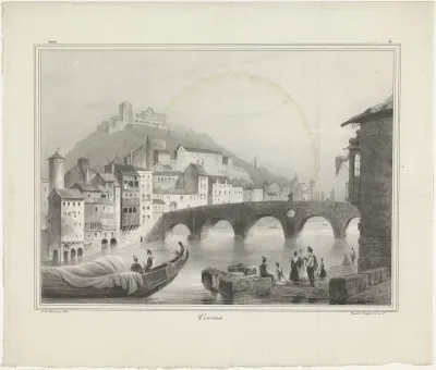 Gezicht op de Ponte Pietra in Verona