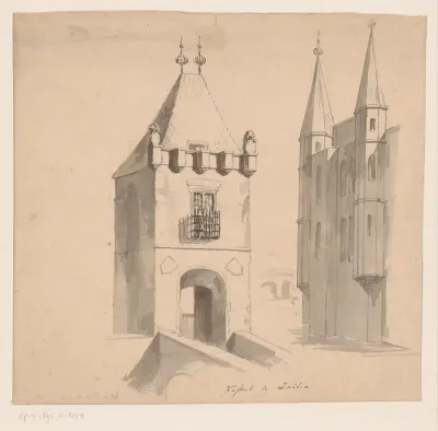 Gezicht op de poort en twee torens van Slot Zuylen
