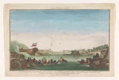 Gezicht op de Port des Invalides te Parijs met het aflopen van het Parijse fregat op 18 februari 1761