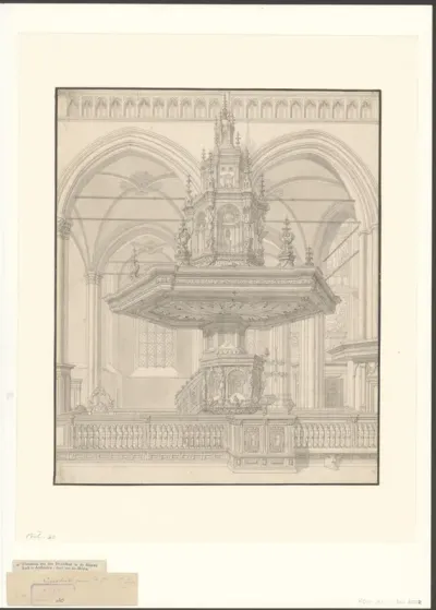 Gezicht op de predikstoel in de Nieuwe Kerk