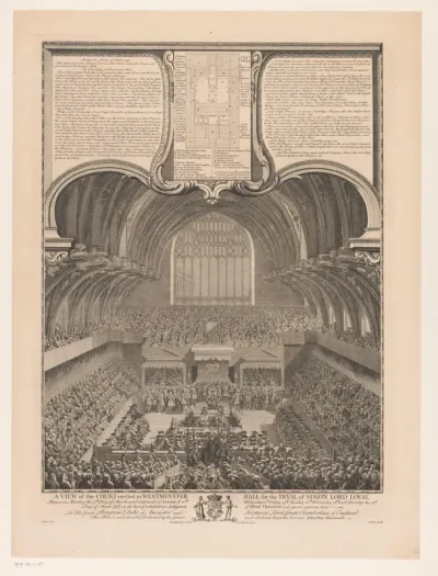 Gezicht op de rechtszaal tijdens de berechting van Simon Lovat