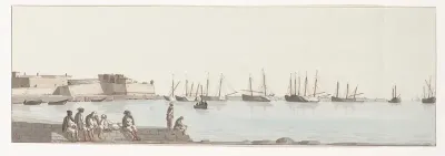 Gezicht op de rede met schepen voor anker bij Bari