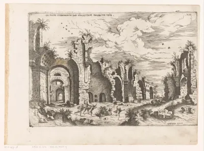 Gezicht op de resten van de Thermen van Diocletianus te Rome