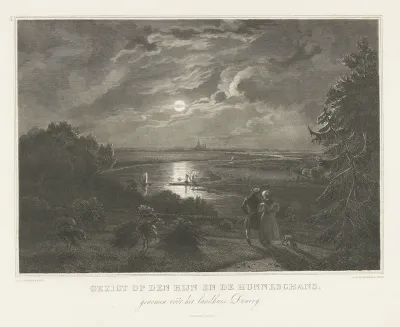 Gezicht op de Rijn en de Hunneschans bij het dorp Uddel bij maanlicht