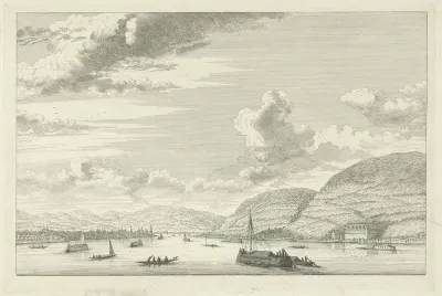 Gezicht op de Rijn nabij een stad