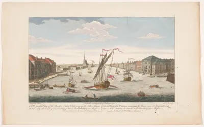 Gezicht op de rivier de Neva te Sint-Petersburg, gezien tegen de stroom in