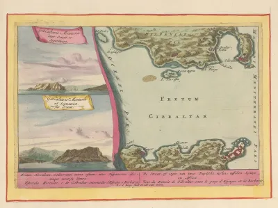 Gezicht op de rots van Gibraltar en een kaart van de straat van Gibraltar