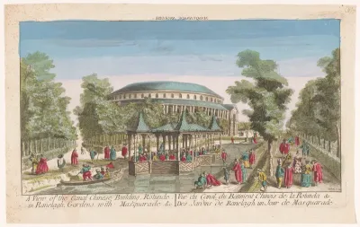 Gezicht op de Rotunda en het Chinese paviljoen op het kanaal in Ranelagh Gardens te Londen met een gemaskerd bal