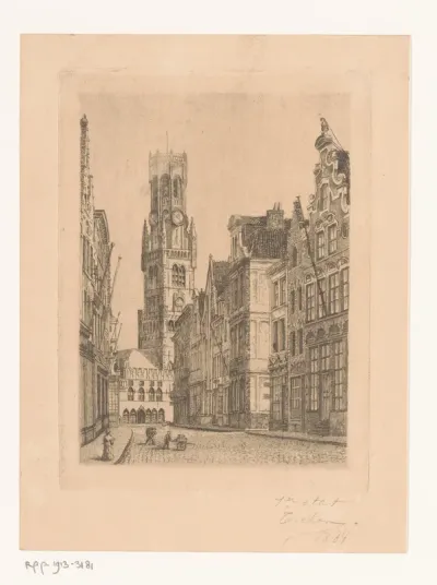 Gezicht op de Rue Flamande en het Belfort te Brugge