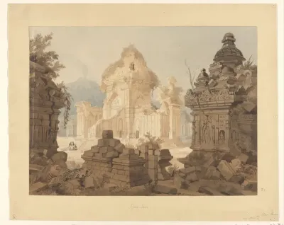 Gezicht op de ruïne van Candi Sewu by Yogyakarta, Midden-Java