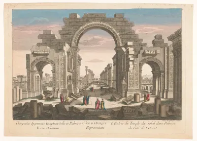 Gezicht op de ruïne van de boog van de zuilengalerij te Palmyra, gezien vanaf de oostzijde