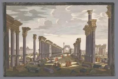 Gezicht op de ruïne van de boog van de zuilengalerij te Palmyra, gezien vanaf de westzijde