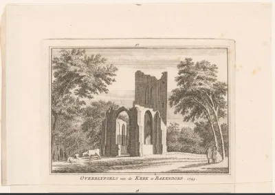 Gezicht op de ruïne van de kerk te Bakendorp, 1743