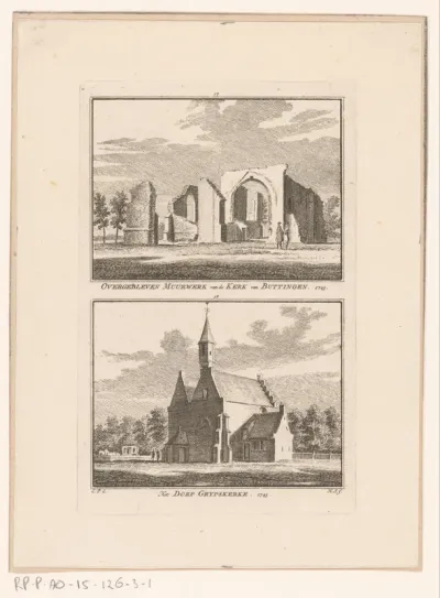 Gezicht op de ruïne van de kerk te Buttinge en gezicht op de kerk te Grijpskerke, 1743