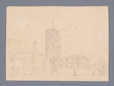 Gezicht op de ruïne van de Sint-Jan de Doperkerk in Sambeek