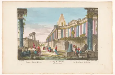 Gezicht op de ruïne van een zuilengalerij te Rome