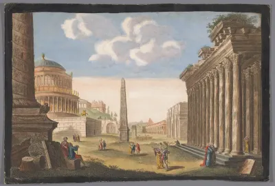 Gezicht op de ruïnes van de Zuil van Trajanus, de Boog van Constantijn en andere monumenten te Rome
