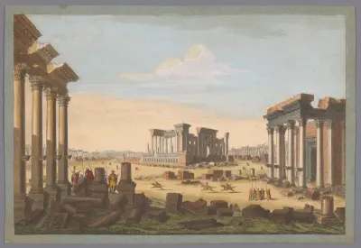 Gezicht op de ruïnes van monumenten te Palmyra gezien vanaf de noordwestzijde