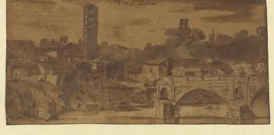 Gezicht op de S. Maria in Cosmedin, de Vesta tempel en de Ponte S. Maria te Rome