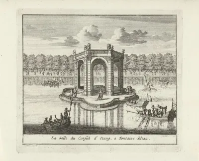 Gezicht op de Salle de Conseil in de vijver van het paleis van Fontainebleau