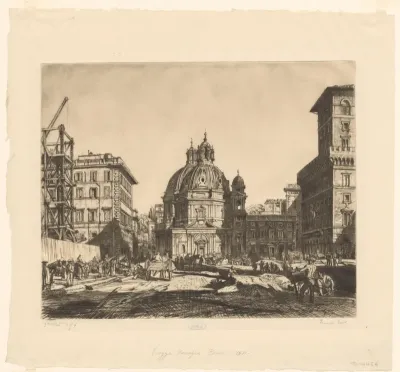Gezicht op de Santa Maria di Loreto vanaf de Piazza Venezia
