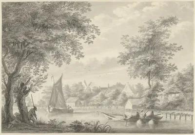 Gezicht op de Schinkel met een zeilschip en een visser