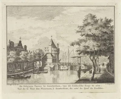 Gezicht op de Schreierstoren vanaf de Geldersekade te Amsterdam