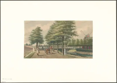 Gezicht op de Singelweg met rechts molen De Wolf
