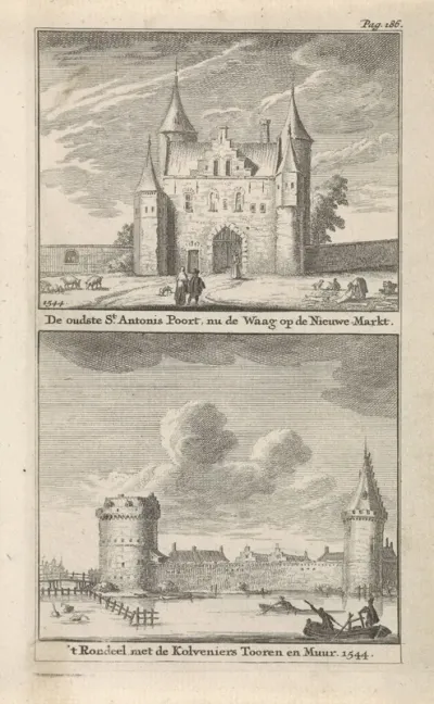 Gezicht op de Sint-Antoniespoort en het Rondeel te Amsterdam