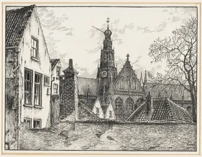 Gezicht op de Sint Bavokerk in Haarlem, gezien vanuit de Schoolsteeg
