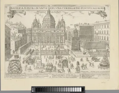 Gezicht op de Sint-Pietersbasiliek en het Apostolisch Paleis te Vaticaanstad