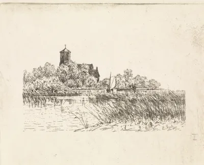 Gezicht op de Sint Urbanuskerk te Bovenkerk met op het water een zeilscheepje