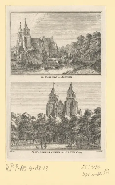 Gezicht op de Sint-Walburgiskerk en het Sint-Walburgisplein, te Arnhem