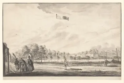 Gezicht op de sluis bij de Diestpoort te Batavia
