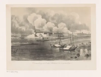Gezicht op de stad Allahabad tijdens de overmeestering door de opstandelingen in 1857