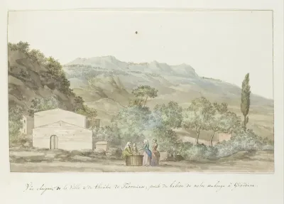 Gezicht op de stad en het theater van Toarmine vanaf balkon van herberg te Giardini