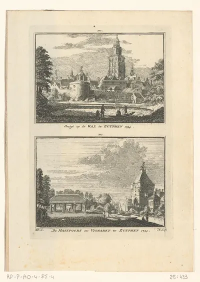Gezicht op de stadsmuur en gezicht op de Mastpoort en Vismarkt, te Zutphen